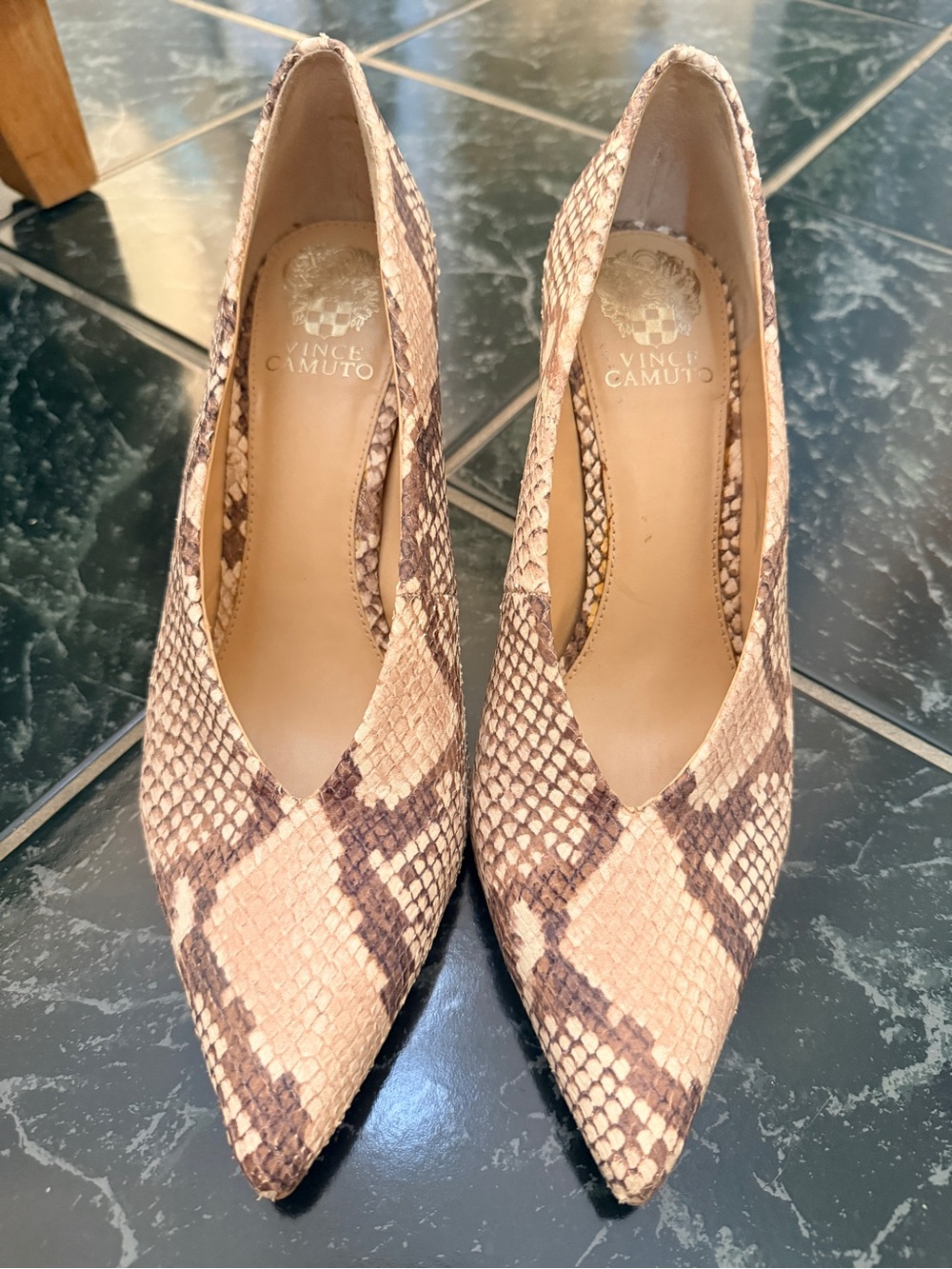 Vince Camuto Tan and Brown Snake-Print Pointed Toe Pumps